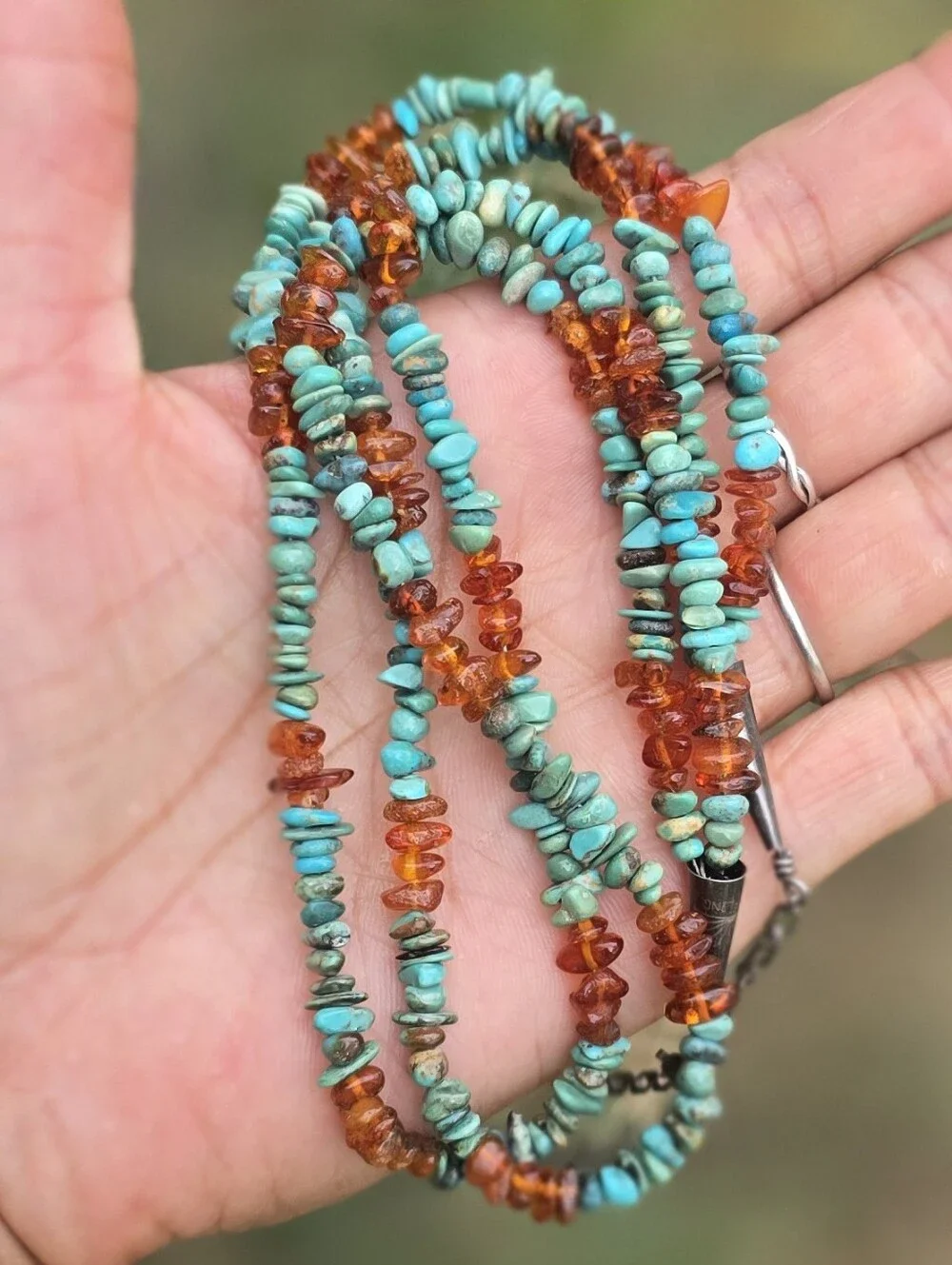 Southwestern double strand turquoise and amber 925 sterling silver necklace